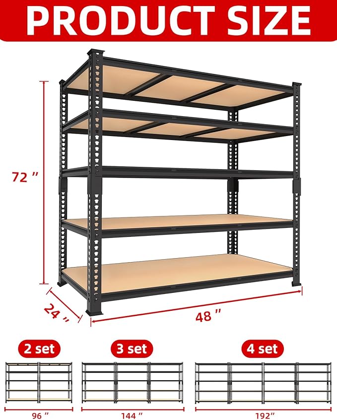 PrimeZone Heavy Duty Garage Storage Shelves - 48" W X 24" D X 72" H Adjustable Metal Shelving Unit, 5 Tier Industrial Shelves for Storage Standing Utility Rack for Warehouse, Basement, Black, 2 Pack