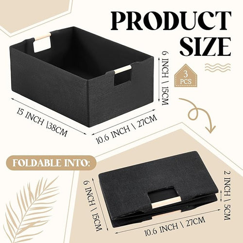 3 Pack Fabric Storage Bins for Closet Shelves, Rectangle Wardrobe Organizer with Handle, Collapsible Shelves Storage Basket for Sorting Clothes and Toy (Black,15 x 10.6 x 6 Inch)