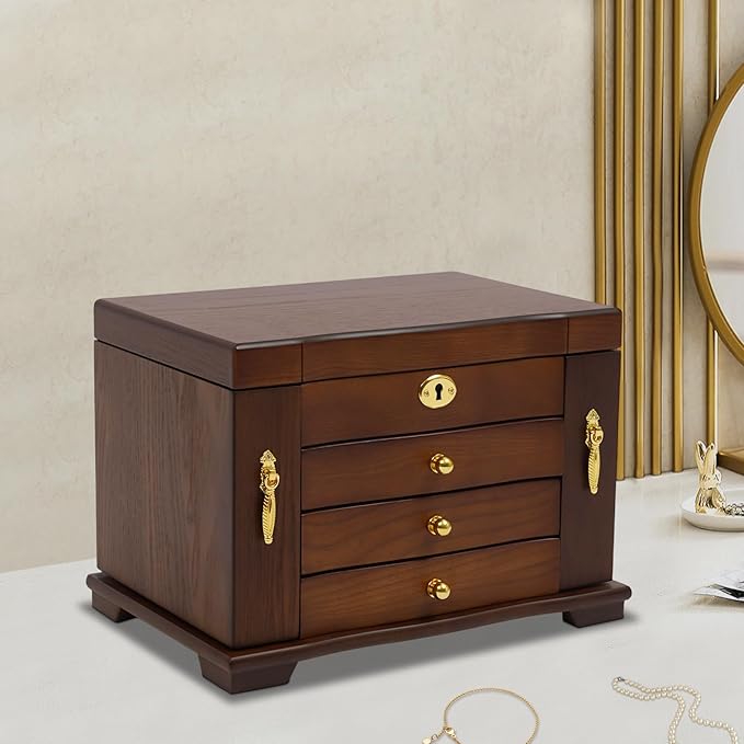 Large Wooden Jewelry Box with Mirror and Lock, 4 Layers Locking Jewelry Organizer, Watches Necklace Ring Storage Box for Women