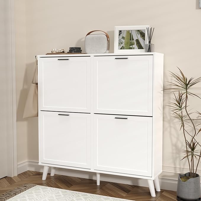 White Large Shoe Cabinet fit up to Shoe Size 16, Freestanding Shoe Organizer with 4 Flip Drawers, Narrow Wooden Shoe Rack for Entryway, Closet, Living Room