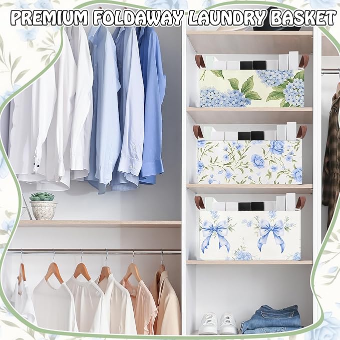 Boao 3 Pcs Blue Hydrangea Bow Storage Bin Flowers Collapsible Large Storage Baskets for Gifts Canvas Laundry Basket Foldable Box with Handle for Office Home Bedroom Clothes