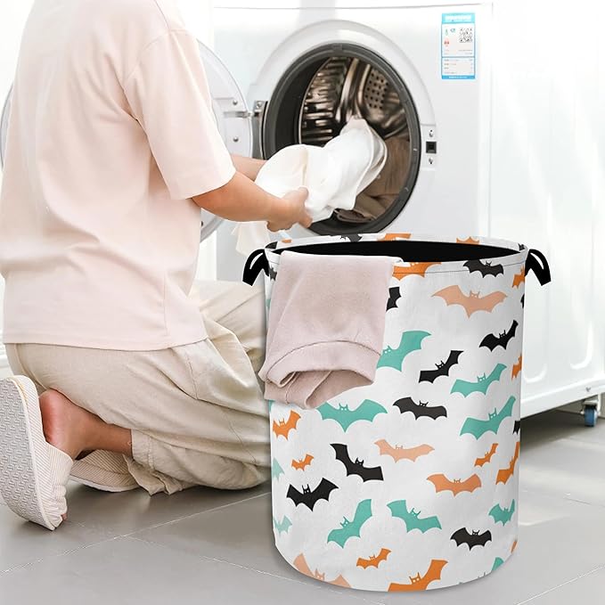 Colorful Bats Laundry Basket,Halloween Foldable with Handles Tote Bag Oxford Cloth for Bathroom Bedroom Dirty Clothes Storage Bucket 16" x 20.8"
