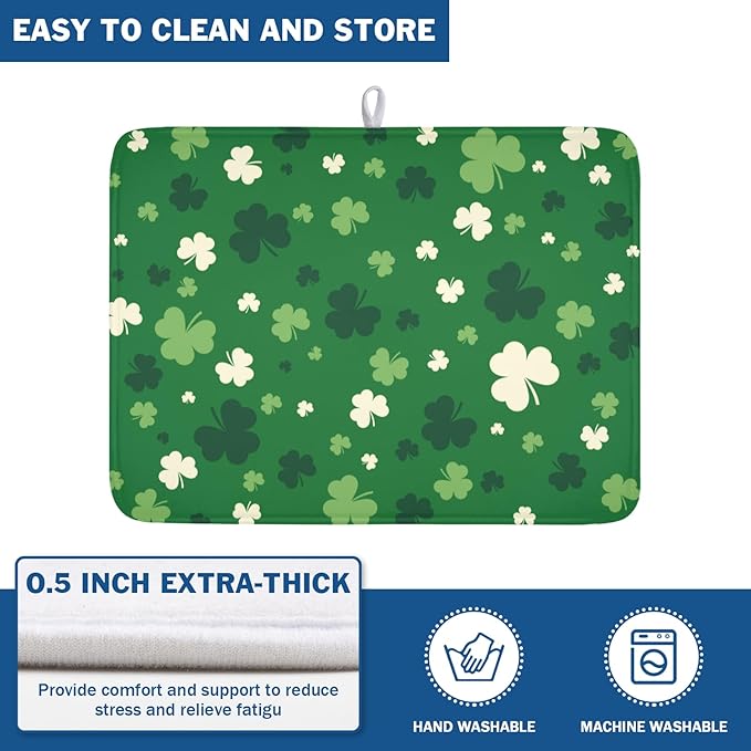 Wnoesat Green Shamrock St. Patrick's Day Dish Drying Mat for Kitchen Counter Lucky Clover large Dish Drying Pad Absorbent Reversible Microfiber Draining Pad Washable Drying Mats 18x24 Inch