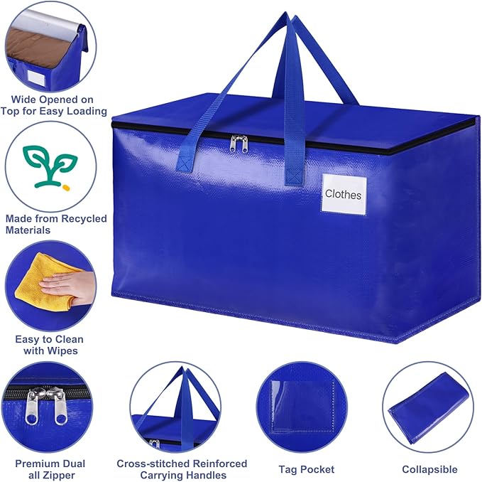 StorageRight Moving Bags-Heavy Duty Moving Boxes, Storage Totes with Zipper, Reinforced Handles and Tag Pocket-Collapsible Moving Supplies for moving, Storage and Travel 93L(Blue-6 Pack)