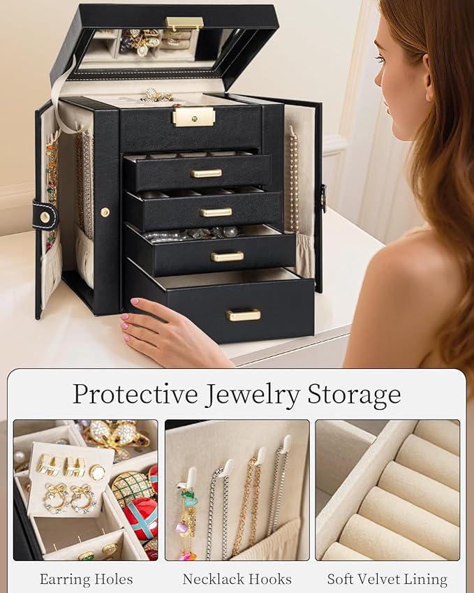 TORIBIO Jewelry Box for Women, Leather Jewelry Organizer with Mirror & Lock, 5-Tier Jewelry Storage Organizer with 4 Drawers for Girls/Women/Mothers, Necklace Earring Bracelets Holder Organizer