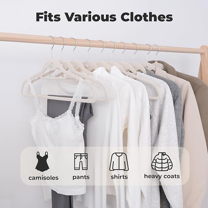 Limogoo Ivory Velvet Hangers 50 Pack, Felt Covered Non Slip Fabric with Stackable Cascading Hook, Ultra Thin and Space Saving with 360° Swivel Neck, 15Lbs Capacity for Clothes, Suit, Shirt, Coat