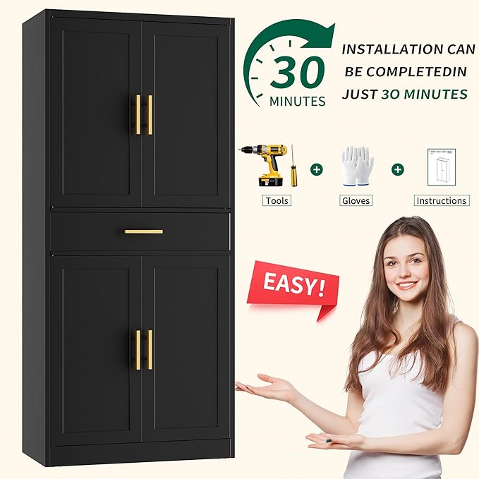 CJF White Kitchen Pantry Cabinet, 71 Inch Tall Metal Storage Cabinet with Adjustable Shelves and 1 Drawer, Freestanding Pantry Cabinet for Kitchen, Living Room, Dining Room, Bathroom, Easy to Assemble