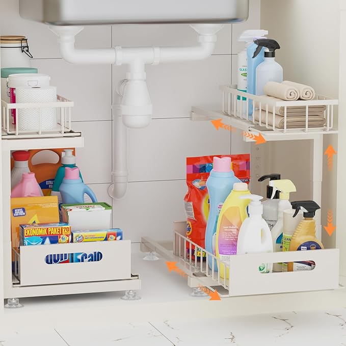 Toyear Under Sink Organizer, Heavy Duty Metal Pull Out Cabinet Organizer Slide Out Sink Shelf Organizer Height Adjustable, Multi-Purpose Storage Shelf for Kitchen Bathroom(Sand,2Pack)