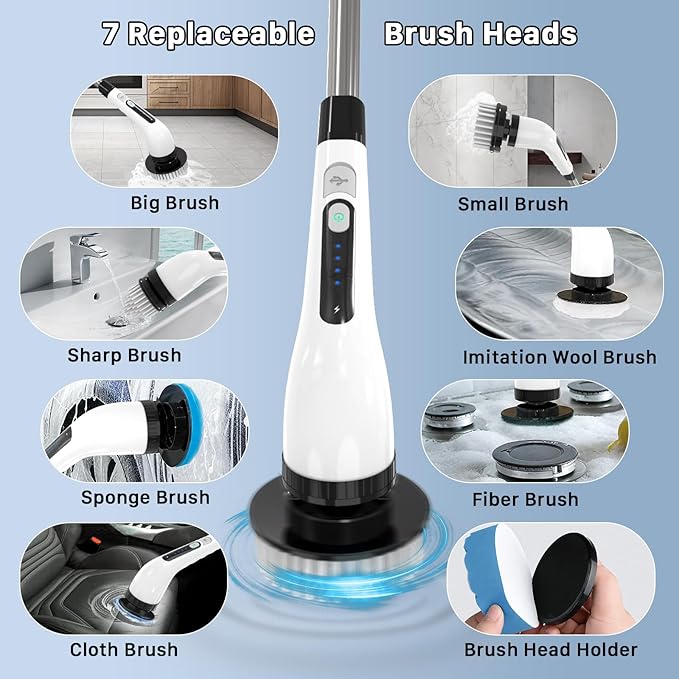 Electric Spin Scrubber, Cordless Cleaning Brush, Shower Scrubber with 7 Replaceable Brush, 2 Speeds and Adjustable Extension Handle for Bathroom Shower Bathtub Glass Car(White)