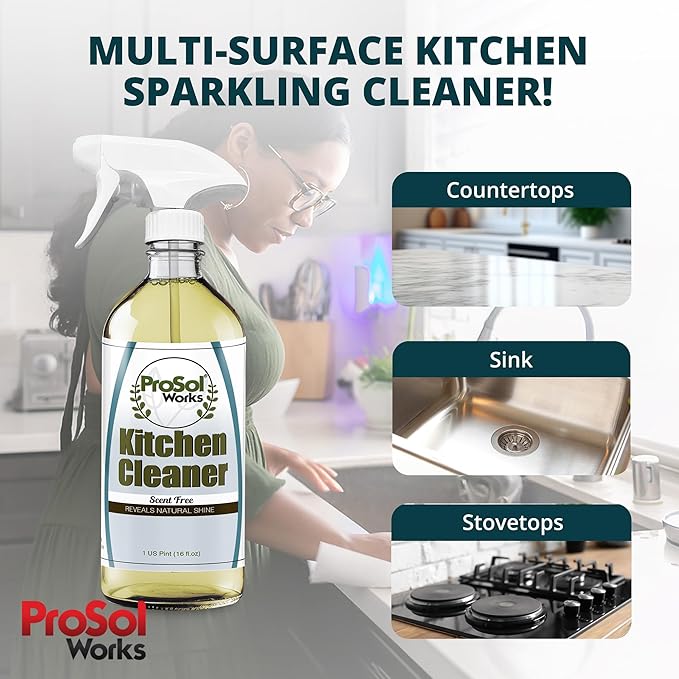 PROSOL WORKS Kitchen Cleaner 16 oz - Daily Cleaning Spray for Countertops, Sink, Cabinets, Appliances, & Stainless Steel Cleaner Revealing Natural Shine & Refreshing Scent - Safe on All Surface