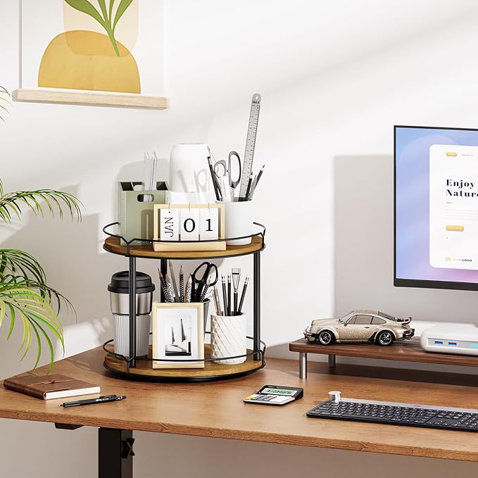 MUTUALUS 12.4" Lazy Susan Organizer 2 Tier - Rotating Spice Rack, Wooden Spinning Spice Holder for Inside Cabinet, Pantry, Kitchen, Countertop, Bathroom and Vanity, Versatile Storage