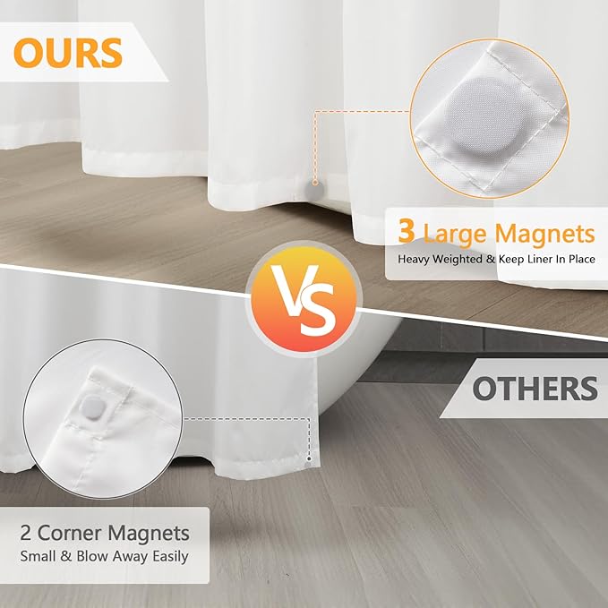 Waterproof Fabric Shower Curtain Liner with 3 Extra-Large Magnets, 72 x 92 inch Extra Long Washable Cloth Shower Liner White, Hotel Quality Extra Tall Bathroom Shower Curtain Lightweight
