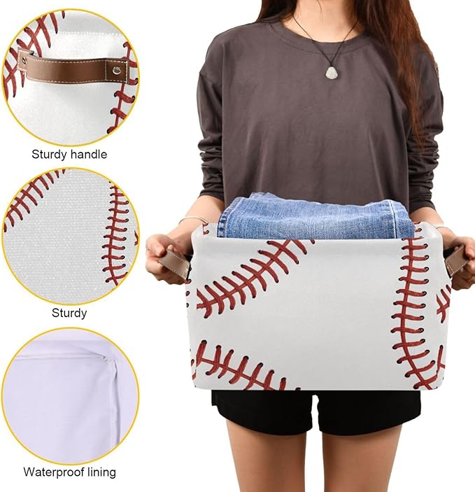 ALAZA White Baseball Softball White Foldable Storage Box Storage Basket Organizer Bins with Handles for Shelf Closet Living Room Bedroom Home Office 1 Pack