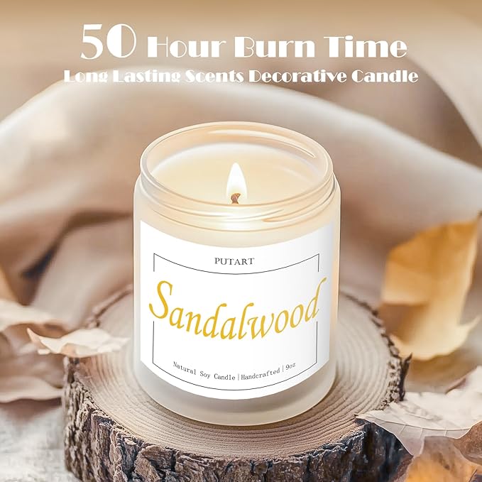 Sandalwood Scented Candles for Home, Natural Soy Wax Aromatherapy Santal Candle Gifts for Women & Men, Handmade Highly Scented & Long Lasting Non Toxic Jar Candle for Stress Relief (9oz