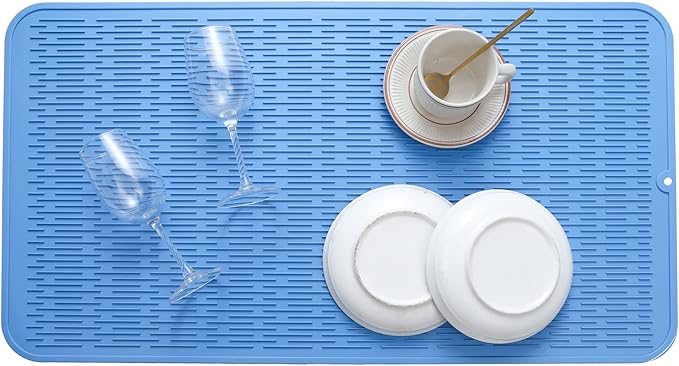 MicoYang Silicone Dish Drying Mat for Multiple Usage,Easy clean,Eco-friendly,Heat-resistant Silicone Mat for Kitchen Counter or Sink,Refrigerator or Drawer Liner Lichen BlueL 4XL 32 inches x 18 inches