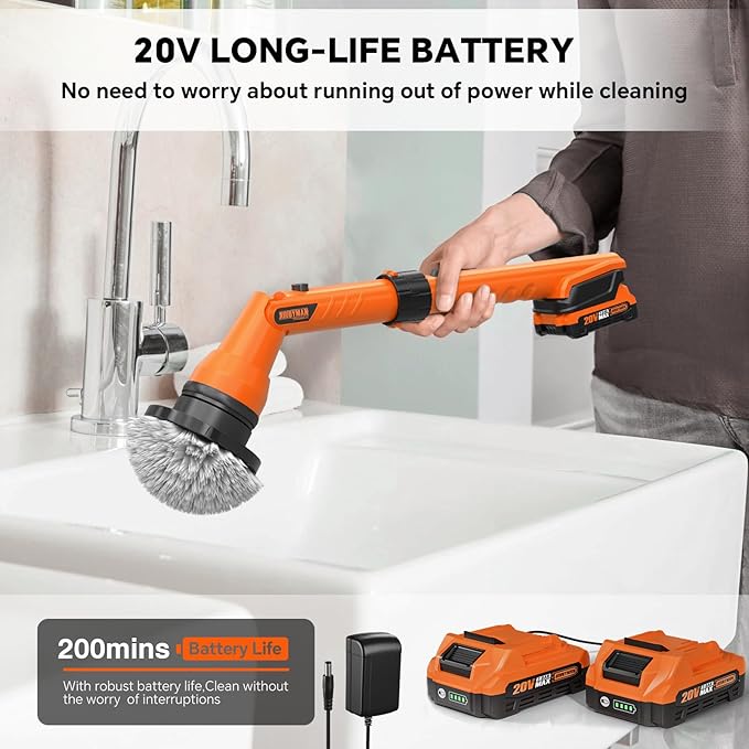 2 Battery Electric Spin Scrubber, 1000RPM Cordless Cleaning Brush Waterproof with 20V Power Supplied, Adjustable Extension Handle, 4 Replaceable Cleaning Heads, Hook, Gloves - for Tub/Tile/Wall/Floor