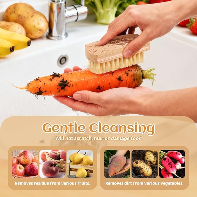 Vegetable and Fruit Cleaning Brush Scrubber Beechwood Handle Fruits Veggie Wash Brushes Potato Carrot Cucumber Mushrooms Washing Cleaner(Beige A, 1)