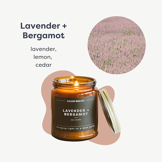Calyan Wax Co. Lavender & Bergamot Scented Candle - 57 Hour Burn - Luxury Non Toxic Soy Wax Candles - Long Lasting Amber Glass Jar Candle for Home - 7.2oz