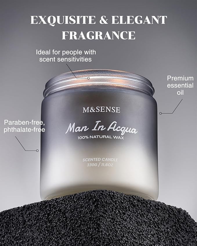 M&SENSE Citrus Vetiver Men Candles - Scented Soy Wax, 2 Wick, 11.6oz, 70 Hour Burn, Black, Organic, Masculine, Holiday Candle
