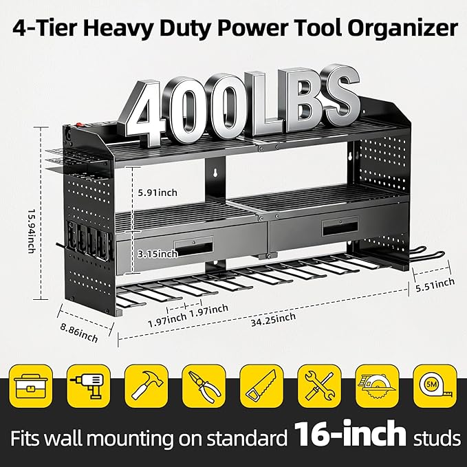 SEENWUUN Power Tool Organizer Wall Mount with Charging Station, 4 Layers Storage Rack with 9 Drill Holders & Battery Storage, Cordless Tool Organizer with 2 Drawers for Garage, Workshop & Tool Room