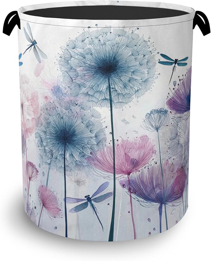 Dandelion Dragonfly Laundry Hamper,Dirty Clothes Laundry Basket with Handles Waterproof Oxford Cloth Storage Basket for College Dorms Bathroom Bedroom 16" x 20.8"