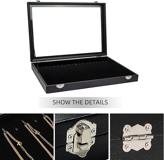 Wudygirl Necklace Organizer 20 Hooks Jewelry Organizer Jewelry Display Stackable Glass Top Lockable Black Velvet Boxes(Necklace Tray)