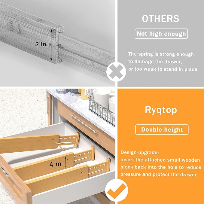 Ryqtop Bamboo Drawer Dividers 4" High, 12.8-18" Adjustable Drawer Organizers for Clothes,Expandable Dresser Separators in Bedroom/Kitchen/Bathroom/Office Organization and Storage,6 Pack