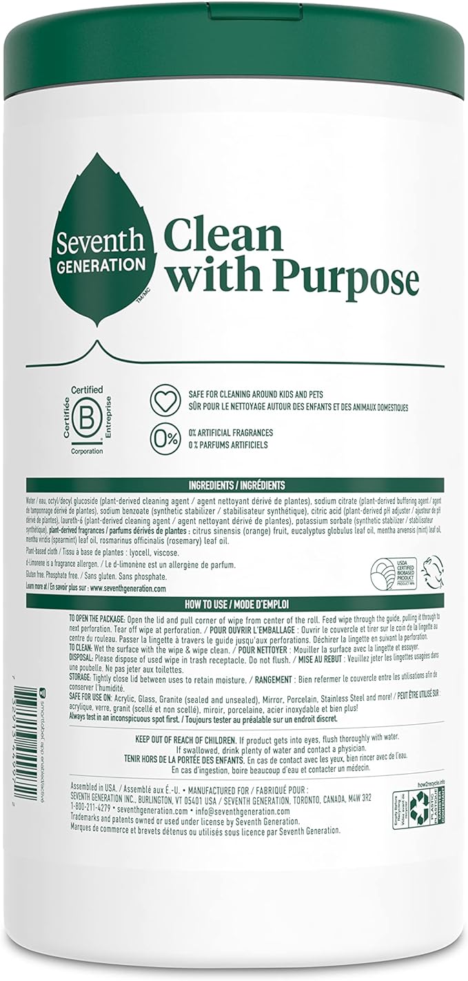 Seventh Generation Multi Purpose Wipes All Purpose Cleaning Garden Mint scent with 100% Essential Oils and Botanical Ingredients 70 count, Pack of 6