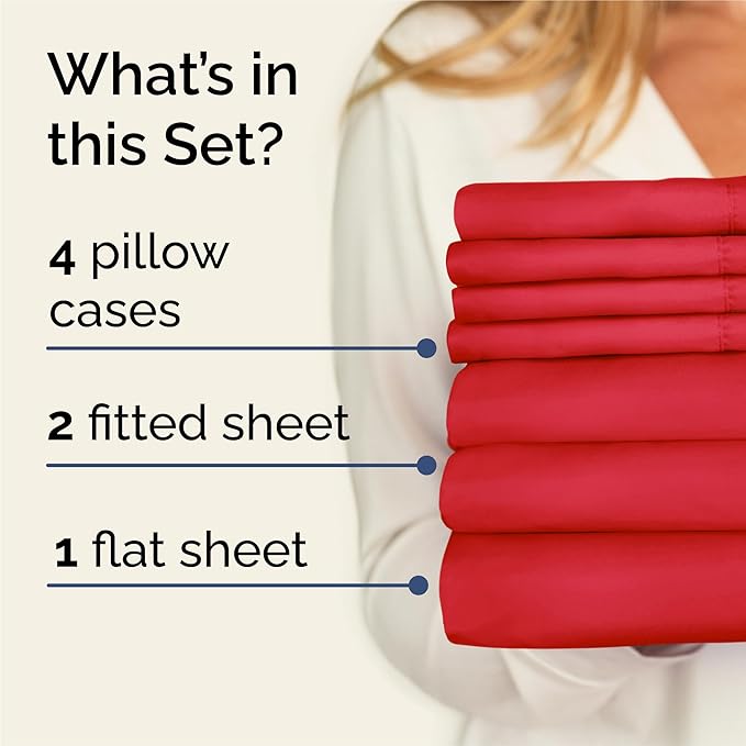 Split King 7 Piece Sheet Set - Comfy Breathable & Cooling - Ultra-Soft Hotel Luxury Bedding Set with 8-16 Inch Deep Pockets - 1 Flat & 2 Fitted Sheet & 4 Pillowcases - Wrinkle Free & Easy Care - Red