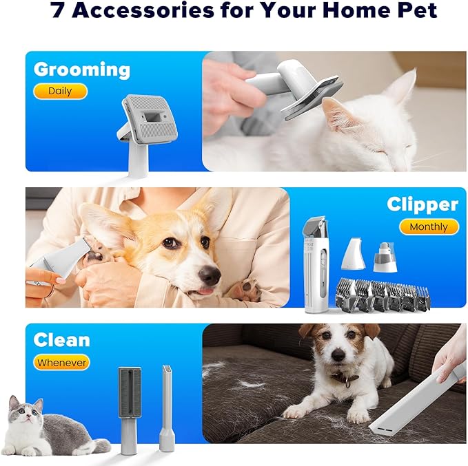 DUXANO Dog Grooming Kit & Dog Hair Vacuum,15000 Pa Powerful Suction, Pet Grooming Vacuum Removes 99% Pet Hair, Includes Clippers, Brush, Nail Trimmer Grinder, Stainless Steel