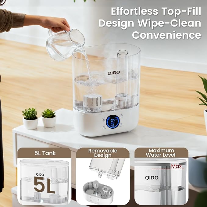 QIDO Top Fill Humidifiers for Bedroom, 5 L Cool Mist 36H Super Long Time, Quiet 28dB Essential Oil Diffuser for Baby & Plants, 3 adjustable Mist with Touch/APP/7-color Nightlight, Auto Shut-off, White