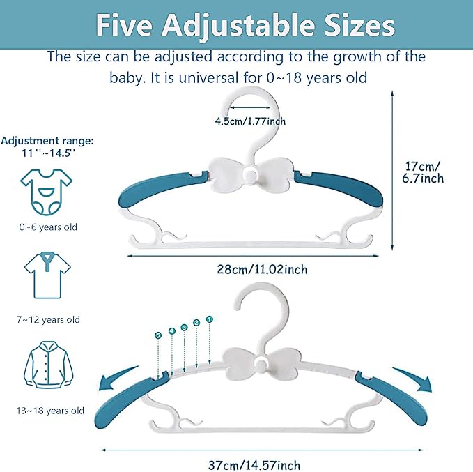 Baby Clothes Hangers, 11-14.5" Adjustable Kid Hangers for Newborn Closet, Plastic Small Infant Hanger for Toddler Pant, Child Coat Hanger for Boy Nursery Clothing, Girl Dresses, 20 Pack Blue