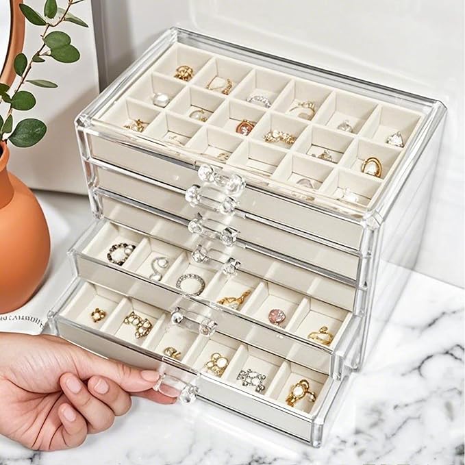 Acrylic Earring Holder Organizer with 5 Drawers Clear Earring Organizer Box with 90 Adjustable Grids Velvet Earring Display Case Jewelry Organizer for Earrings Rings Studs (Beige)