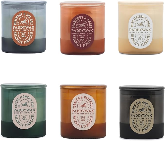 Paddywax Vista Scented Candle with Lid in Reusable Tonal Glass Jar, Clean-Burn 2-Wick Soy Candle with Approx. 84 Hour Burn Time, Decorative Gift Candles for Home, Worn Leather & Smoke, 12 oz
