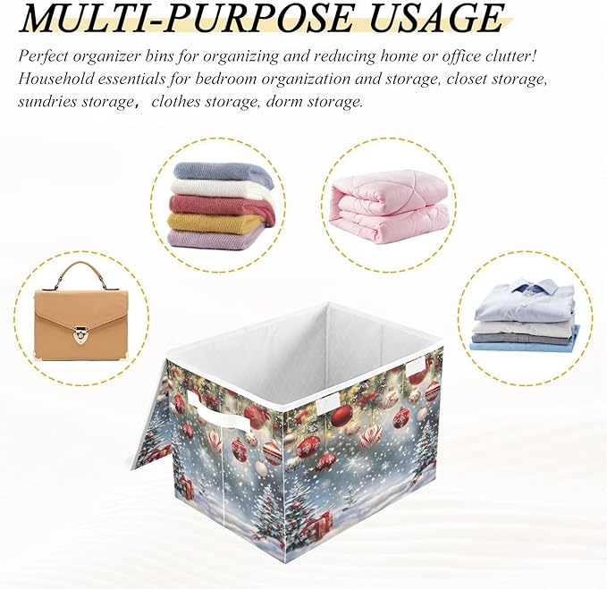 Storage Bins with Lids, Merry Christmas Foldable Storage Cube Boxes Fabric Storage Organizer Basket for Home, Bedroom, Office, Closet (16.5x12.6x11.8)