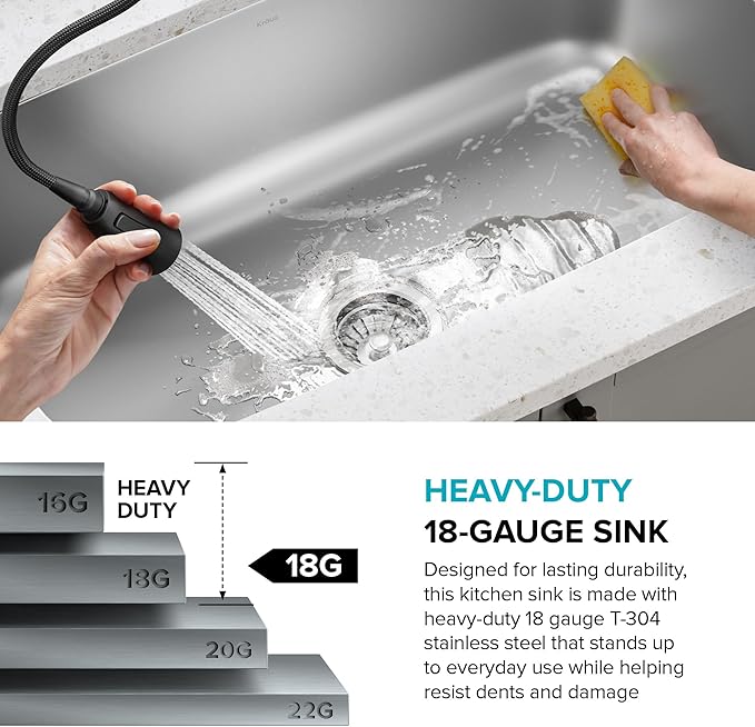 Kraus 31 1/2 Inch Stainless Steel Kitchen Sink, Durable 18 Gauge Single Bowl Kitchen Sinks Undermount, KBU14