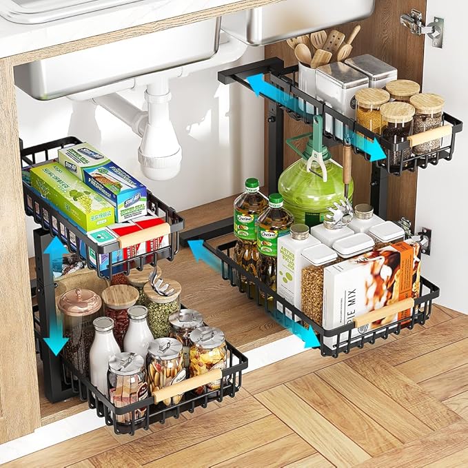 ZMJESSNIA Under Sink Organizer, 2 Tier Under Sink Organizers and Storage, Metal Slide out Pull out Cabinet Organizer ，2 Pack Sliding Drawer Organizer for Kitchen Bathroom Pantry