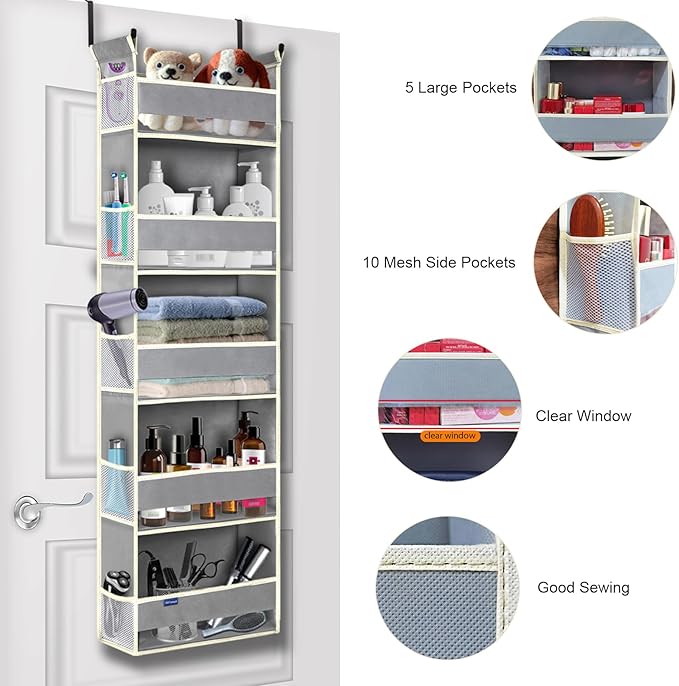 roomtalk Over The Door Organizer 5-Shelves and 10 Side Pockets, Over The Door Storage for Bathroom Bedroom Nursery, Hanging Door Organizer for Baby Diapers and Kids Toys (13"x5"x44", Grey)
