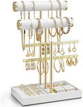 Vlando 3 Tier Necklace Holder Organizer with Tray, Leather Bracelet Holder Display for Women, Gold Jewelry Stand for Bracelet, Necklace, Earrings, Rings - White