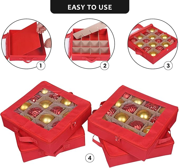 ProPik 4 Pcs Christmas Ornament Storage Boxes with Dividers | 4 Individual Trays Hold 64 Holiday Decoration Balls | Durable Ornaments Organizer Storage Box | Zippered Closure with Handles (Red)