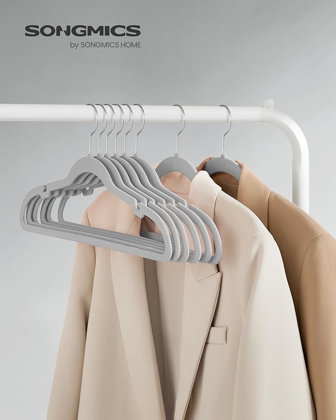 SONGMICS Velvet Hangers 50 Pack, Non-Slip Clothes Hangers, Suit Hangers with Shoulder Notches, Pants Bar, 360° Swivel Hook, Space-Saving, for Closet, Dove Gray UCRF029G50