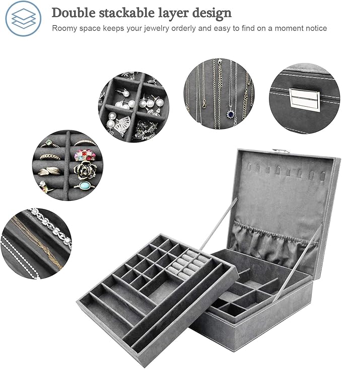 ProCase Velvet Jewelry Box Organizer for Women, 2 Layer Jewelry Display Storage Holder Case for Necklace Earrings Bracelets Rings -Grey