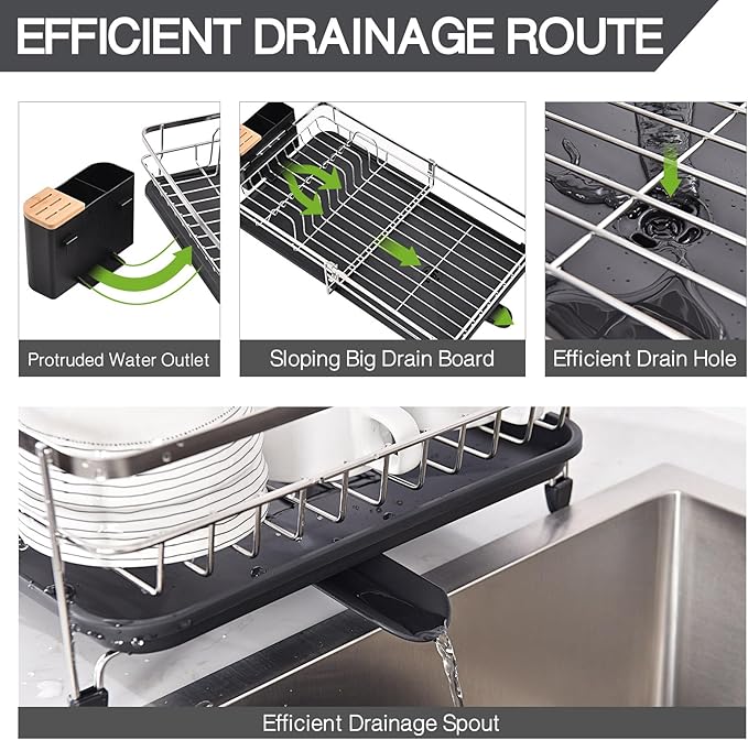 Expandable Dish Rack, Dish Drying Rack for Kitchen Counter, Foldable Dish Dryer Rack, Stainless Steel Dish Drainer Racks with Cutlery Holder, Collapsible Dish Drying Racks Standard Size, Silver
