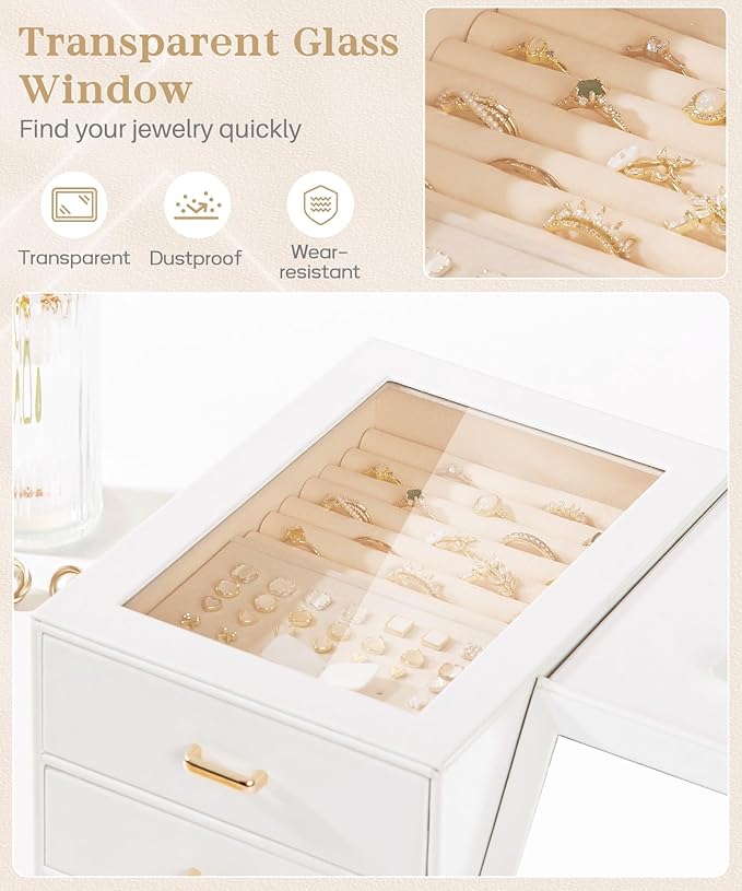 Homde Women Mirror Jewelry Box: Organizer Case with Clear Lid for Ring Necklace Earring - Birthday Gift for Young Women (White)