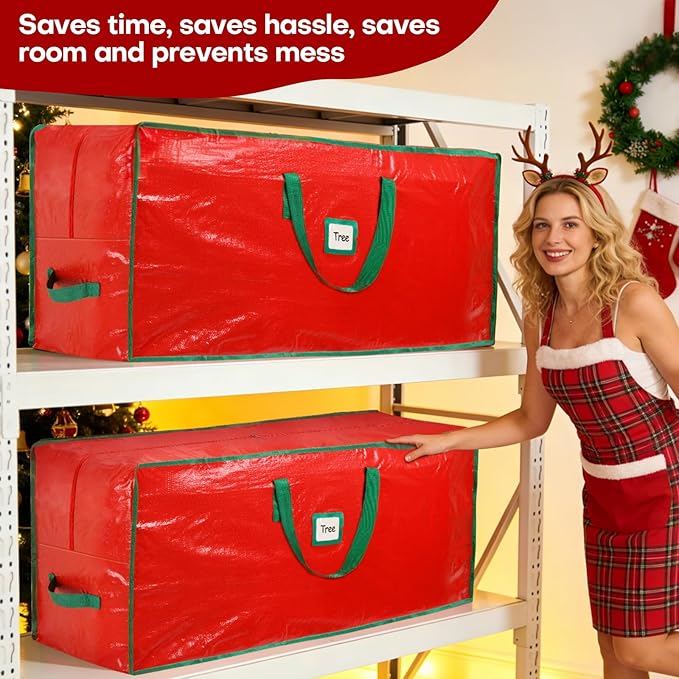 Christmas Tree Storage Bag, For 7.5ft Disassembled Xmas Tree, Heavy Duty Christmas Tree Storage Bag with Sturdy Handles, Tag Card Slot, Zipper, Dust-Resistant and Water-Resistant（Red）