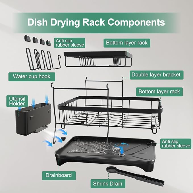 HOMEAILIE Dish Drying Rack, 2-Tier Large Dish Drying Rack for Kitchen Counter – Space Saving Dish Drainer Organizer with Utensil Holder and Cutlery Tray, Black