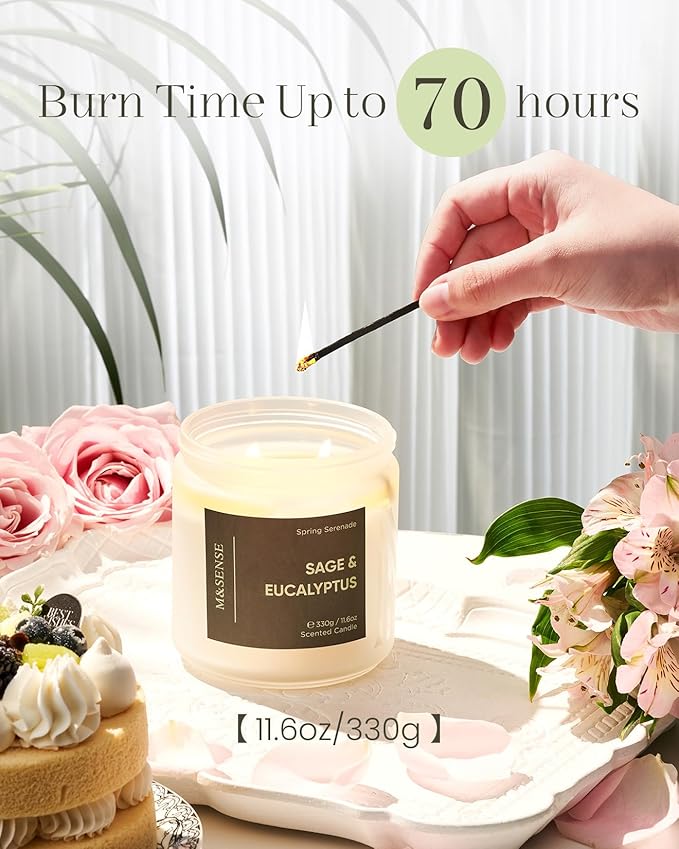 M&SENSE Eucalyptus Sage Scented Candle, 2-Wick 70-Hour Long Lasting Burn Time 11.6oz Natural Soy Wax Non Toxic Relaxation Candle for Home Decor Birthday Gifts Easter Supplies