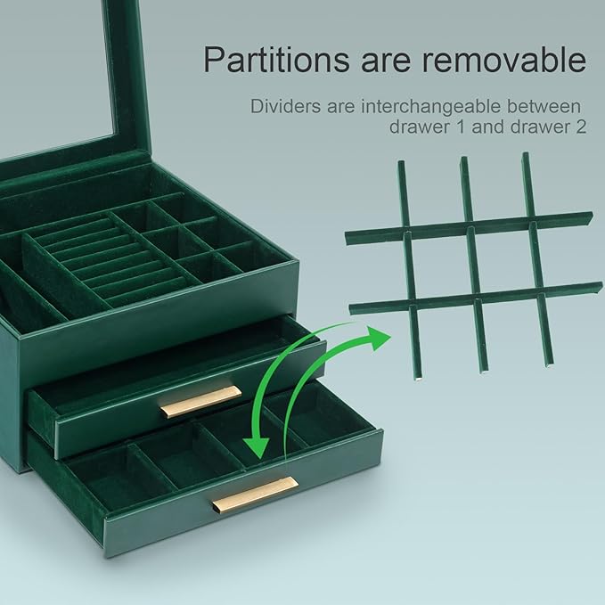 Jewelry Box Organizer for Women,3 Layers PU Leather Jewelry Storage Display Box with Glass Lid,Gift for people,3 Drawers,Large Capacity for Necklace Earrings Bracelets Rings, Dark Green