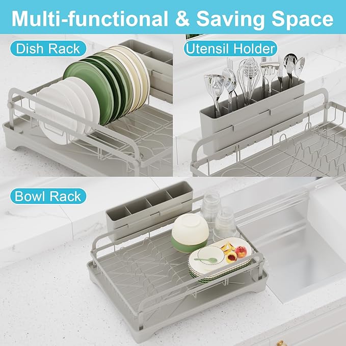 HOMEBOSILY Dish Drying Rack - Space-Saving Dish Rack,Dish Racks for Kitchen Counter with Drainboard,Rustproof Countertop Dish Drainer with Utensil Holder for Sink Grey