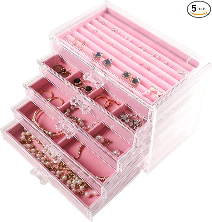Frebeauty Extra Large Acrylic Jewelry Box for Women 5 Layers Clear Jewelry Organizer Velvet Earring Box with 5 Drawers Rings Display Case Necklaces Holder Tray for Women Girls(Pink)